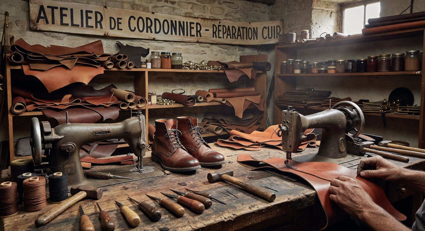 Atelier de cordonnier avec outils de réparation cuir